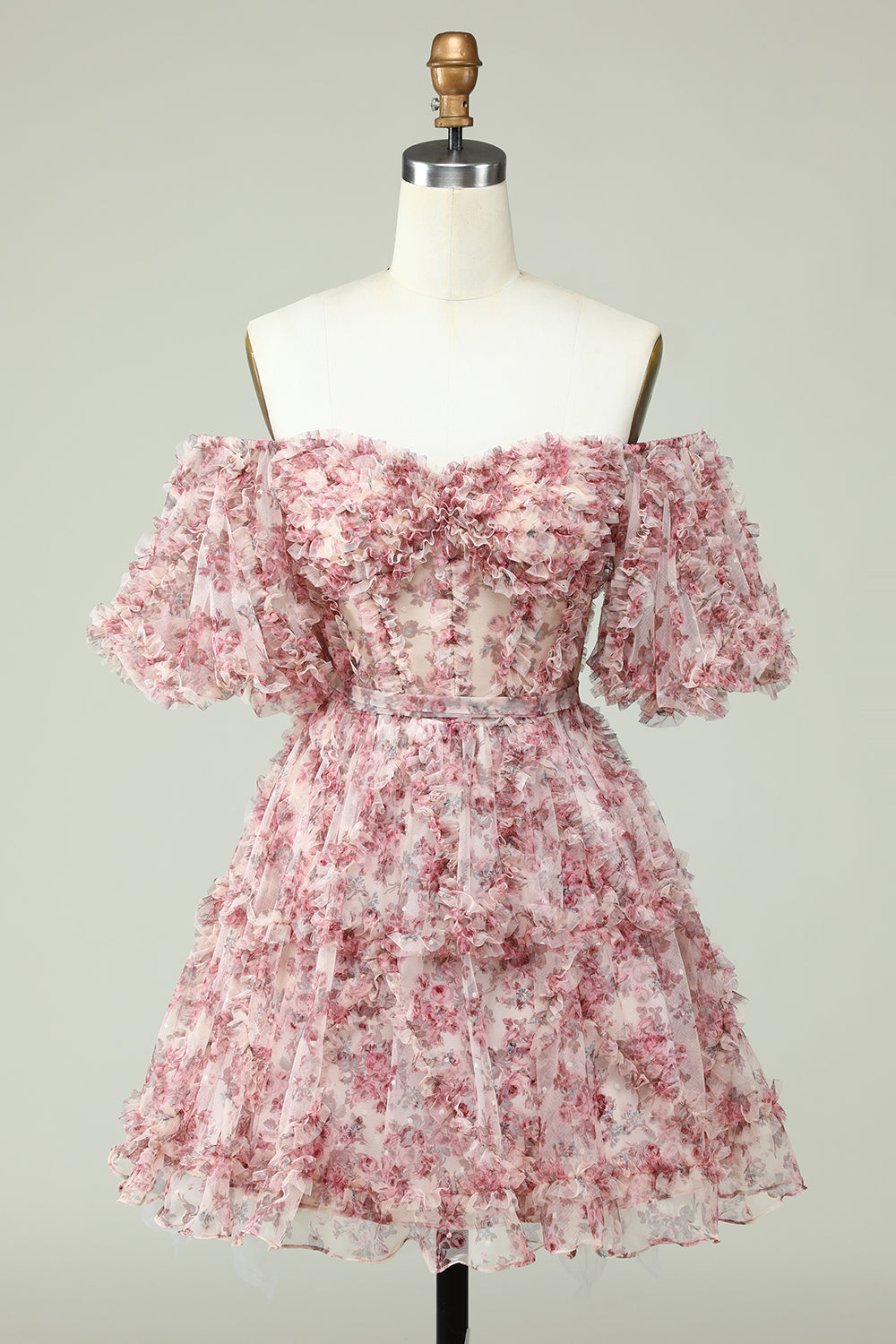 Off the Shoulder Short Prom Dress with Floral Print