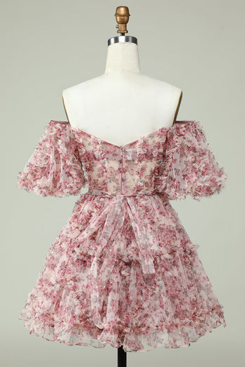 Off the Shoulder Short Prom Dress with Floral Print