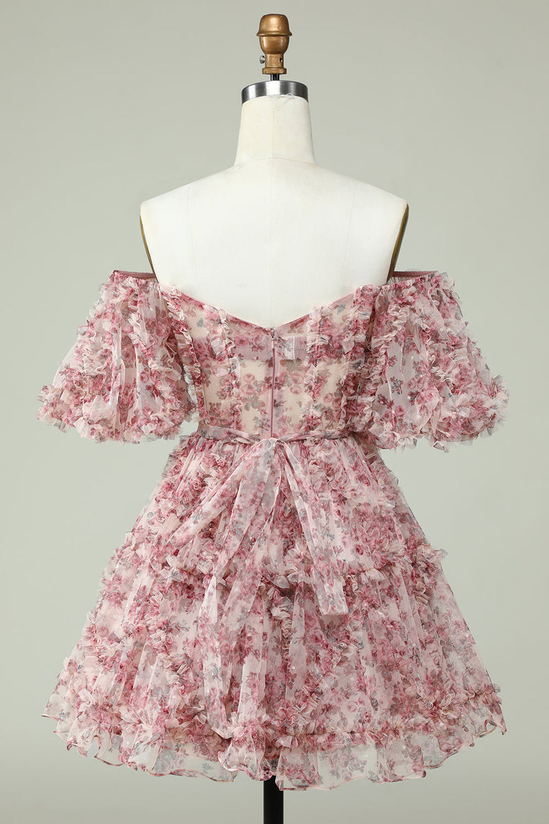 Load image into Gallery viewer, Off the Shoulder Short Prom Dress with Floral Print