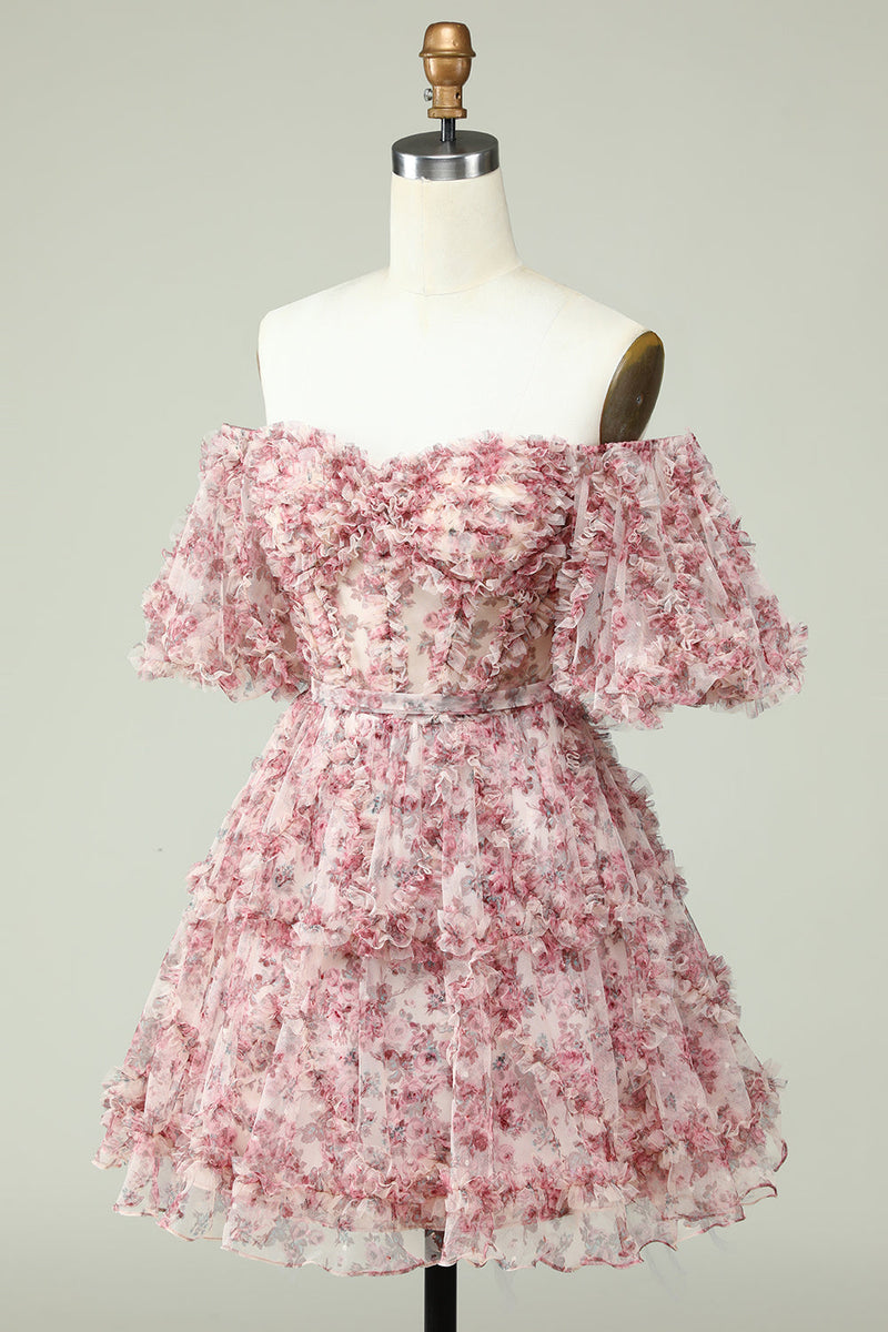 A Line Off the Shoulder Ivory Red Flower Printed Cute Cocktail Dress