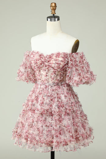 Off the Shoulder Short Prom Dress with Floral Print