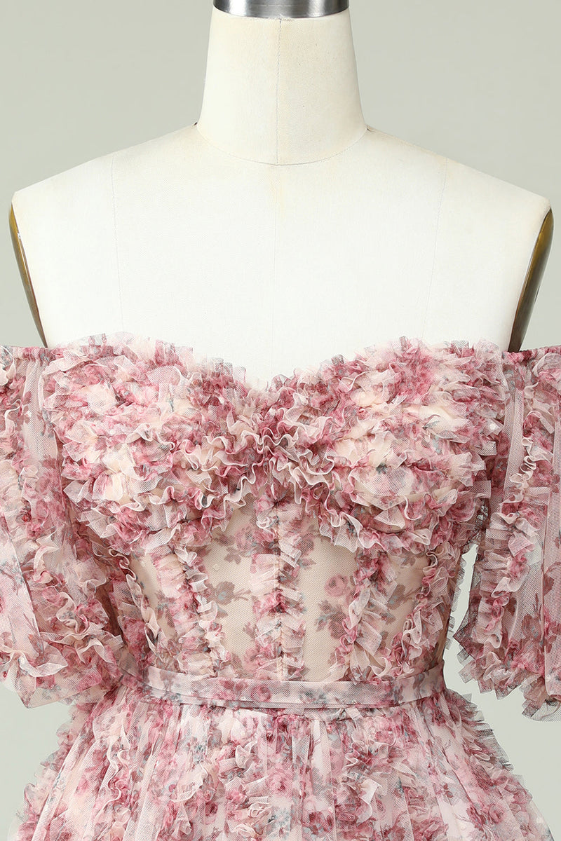 Load image into Gallery viewer, Off the Shoulder Short Prom Dress with Floral Print