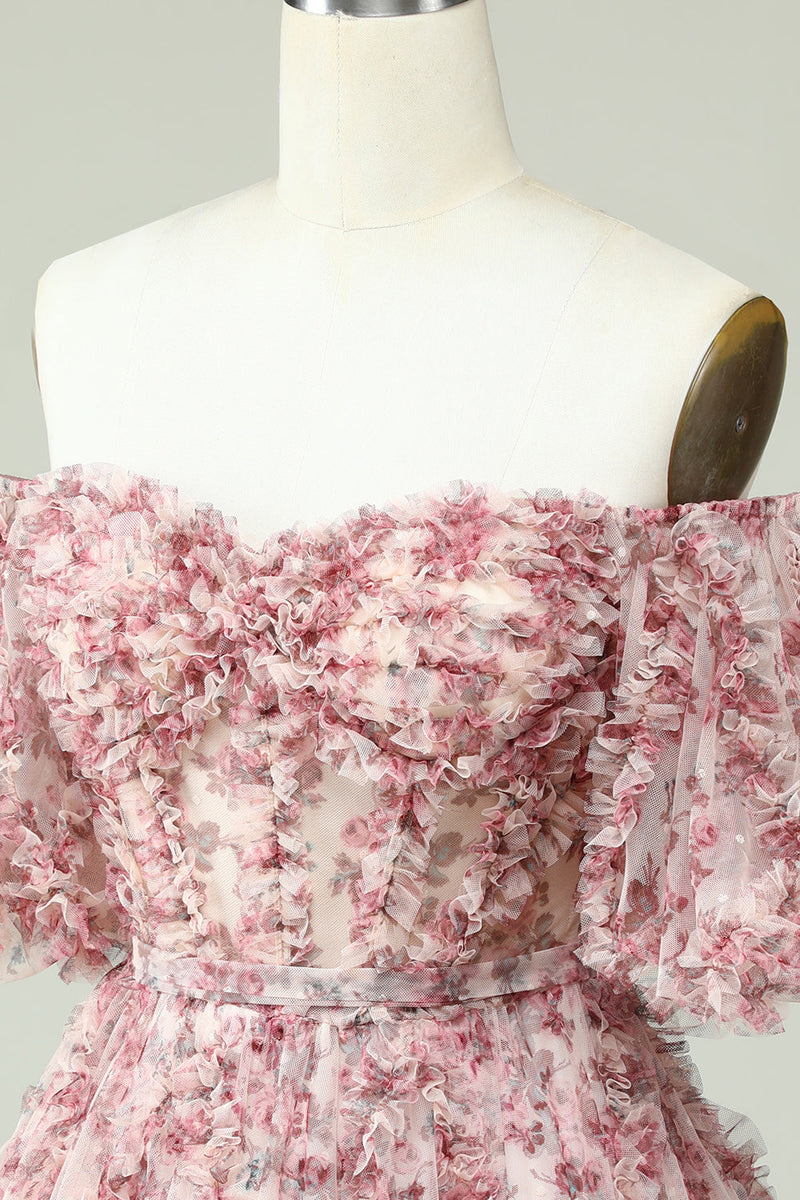 Load image into Gallery viewer, Off the Shoulder Short Prom Dress with Floral Print