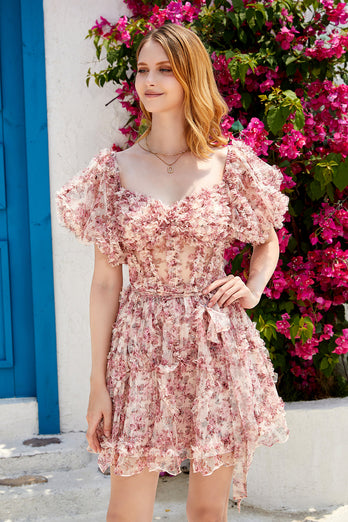 Off the Shoulder A Line Printed Cute Short Prom Dress