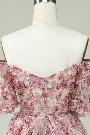 Off the Shoulder Short Prom Dress with Floral Print