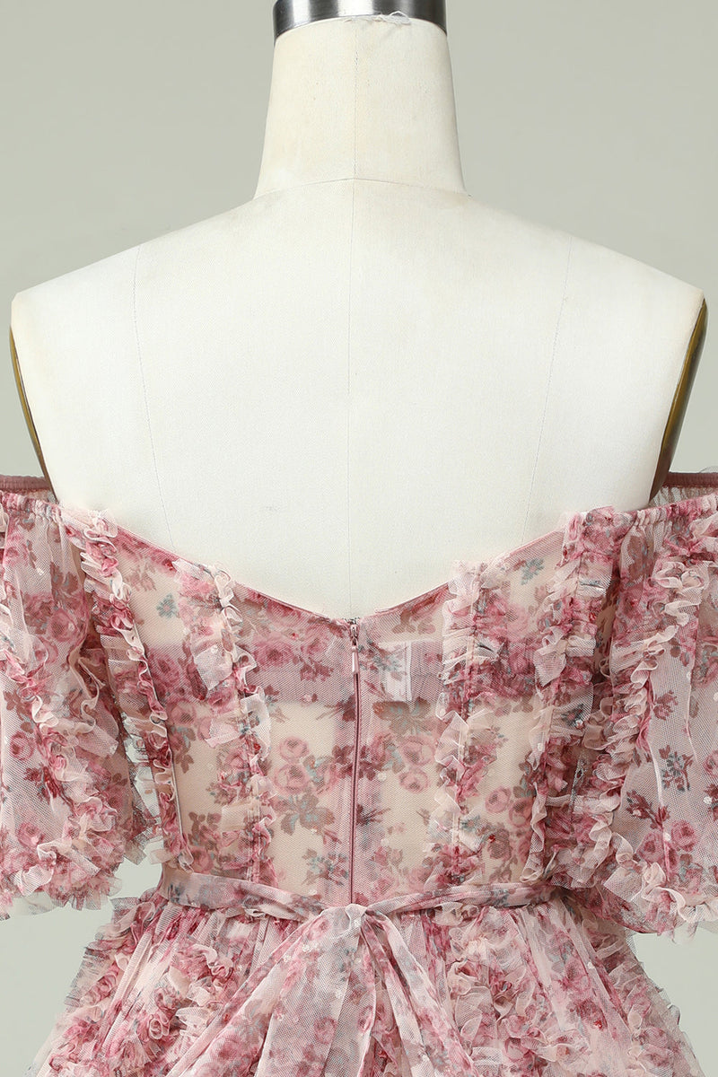 Load image into Gallery viewer, Off the Shoulder Short Prom Dress with Floral Print