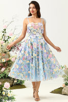 Load image into Gallery viewer, Cute A Line Spaghetti Straps Blue Tea Length Prom Dress with 3D Flowers