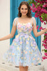 Load image into Gallery viewer, A Line Spaghetti Straps Purple Corset Short Prom Dress with 3D Flowers