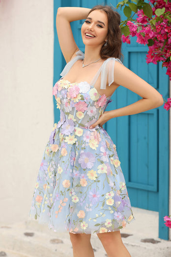 A Line Spaghetti Straps Purple Corset Short Prom Dress with 3D Flowers