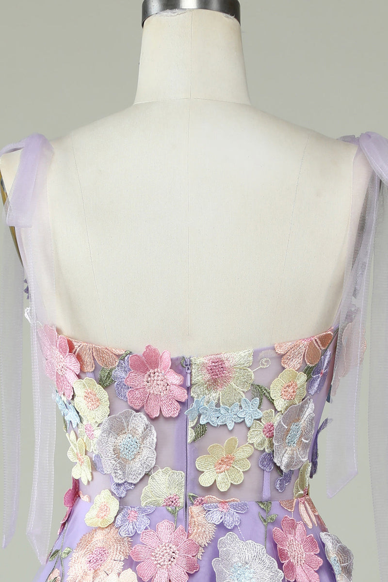 Load image into Gallery viewer, A Line Spaghetti Straps Purple Tea Length Prom Dress with 3D Flowers