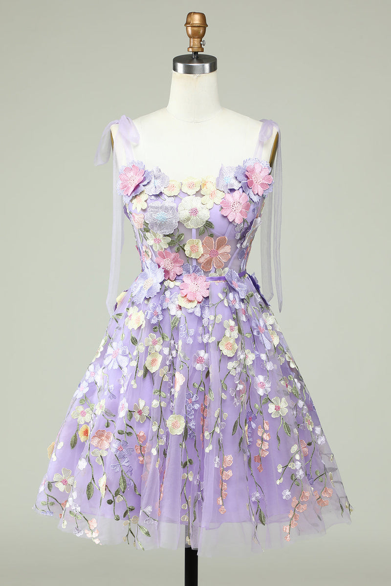 Load image into Gallery viewer, A Line Spaghetti Straps Purple Corset Short Prom Dress with 3D Flowers