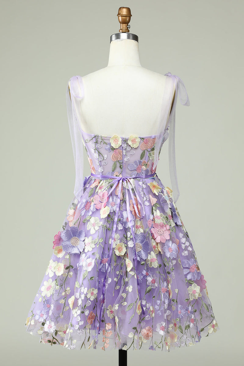 Load image into Gallery viewer, A Line Spaghetti Straps Purple Corset Short Prom Dress with 3D Flowers