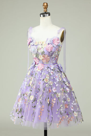 A Line Spaghetti Straps Purple Corset Short Prom Dress with 3D Flowers