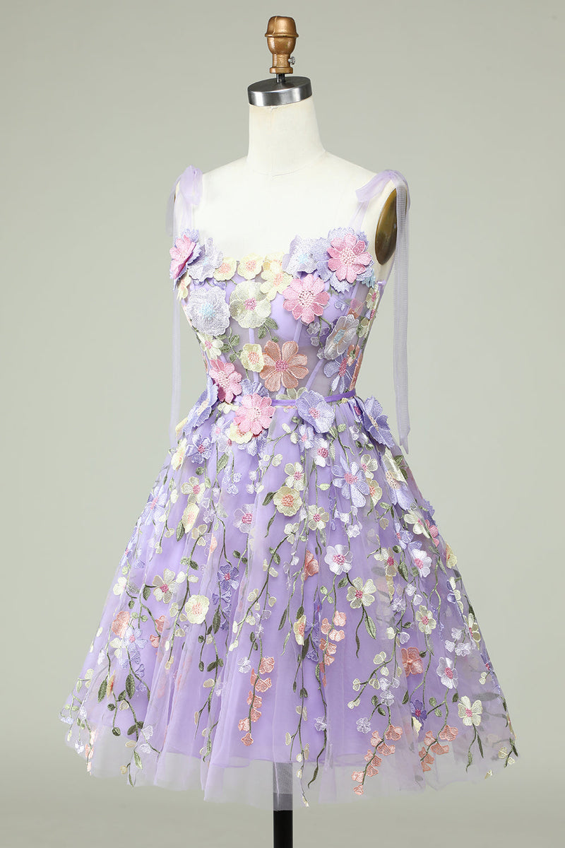 Load image into Gallery viewer, A Line Spaghetti Straps Purple Corset Short Prom Dress with 3D Flowers