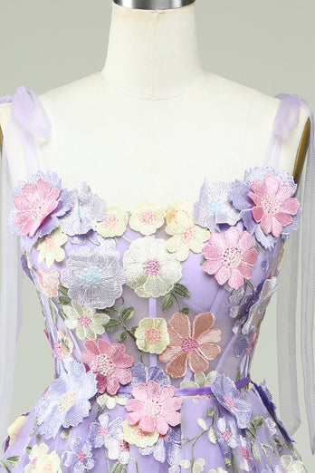 A Line Spaghetti Straps Purple Corset Short Prom Dress with 3D Flowers