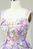 Load image into Gallery viewer, A Line Spaghetti Straps Purple Corset Short Prom Dress with 3D Flowers