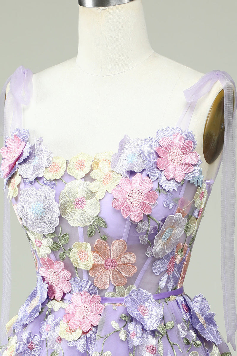 Load image into Gallery viewer, A Line Spaghetti Straps Purple Corset Short Prom Dress with 3D Flowers