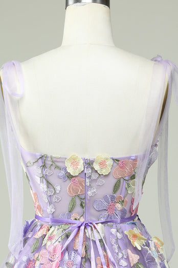 A Line Spaghetti Straps Purple Corset Short Prom Dress with 3D Flowers