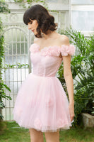 Load image into Gallery viewer, Pink Off the Shoulder Corset Short Prom Dress With Flowers