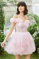 Load image into Gallery viewer, Pink Off the Shoulder Corset Short Prom Dress With Flowers