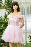 Load image into Gallery viewer, Pink Off the Shoulder Corset Short Prom Dress With Flowers