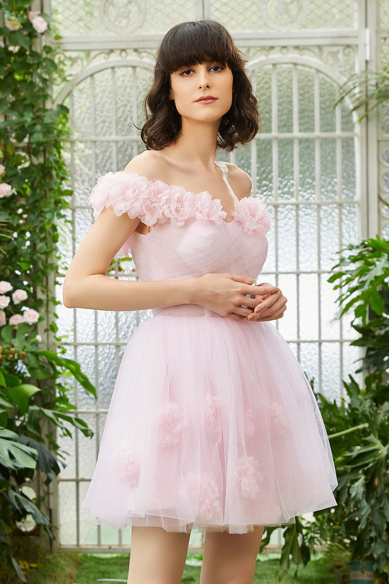Load image into Gallery viewer, Pink Off the Shoulder Corset Short Prom Dress With Flowers