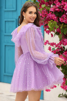 Load image into Gallery viewer, A Line Deep V Neck Navy Short Prom Dress with Ruffles