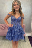 Load image into Gallery viewer, Women Sparkly Dark Blue A-Line Short Prom Dress Off the Shoulder Corset Lace Party Dress