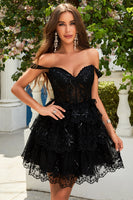 Load image into Gallery viewer, Cute A Line Dark Blue Corset Tiered Short Prom Dress with Lace