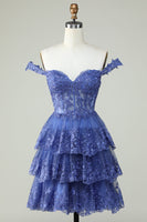 Load image into Gallery viewer, Cute A Line Dark Blue Corset Tiered Short Prom Dress with Lace