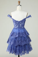 Load image into Gallery viewer, Cute A Line Dark Blue Corset Tiered Short Prom Dress with Lace