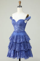 Load image into Gallery viewer, Cute A Line Dark Blue Corset Tiered Short Prom Dress with Lace