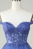 Load image into Gallery viewer, Cute A Line Dark Blue Corset Tiered Short Prom Dress with Lace