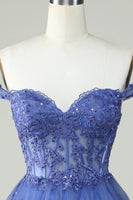 Load image into Gallery viewer, Cute A Line Dark Blue Corset Tiered Short Prom Dress with Lace