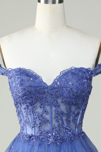 Cute A Line Dark Blue Corset Tiered Short Prom Dress with Lace