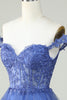 Load image into Gallery viewer, Cute A Line Dark Blue Corset Tiered Short Prom Dress with Lace
