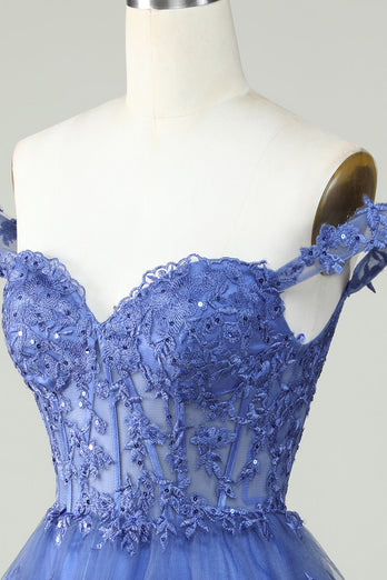 Cute A Line Dark Blue Corset Tiered Short Prom Dress with Lace