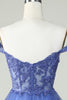 Load image into Gallery viewer, Cute A Line Dark Blue Corset Tiered Short Prom Dress with Lace