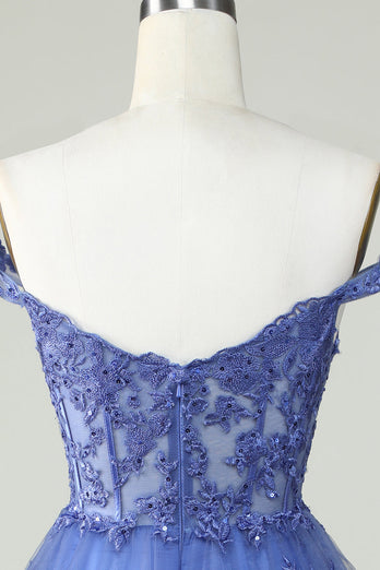 Cute A Line Dark Blue Corset Tiered Short Prom Dress with Lace