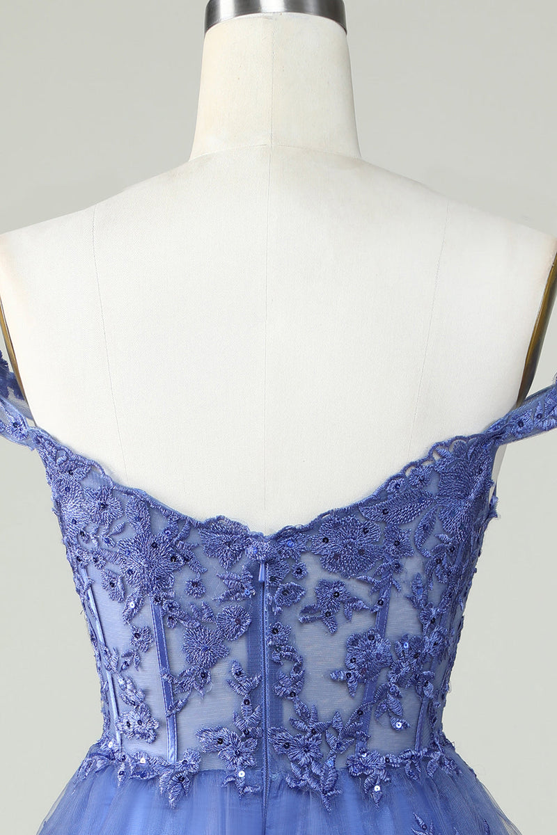 Load image into Gallery viewer, Cute A Line Dark Blue Corset Tiered Short Prom Dress with Lace