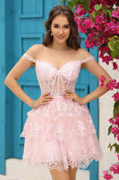 Load image into Gallery viewer, Cute A Line Dark Blue Corset Tiered Short Prom Dress with Lace