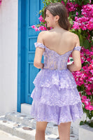 Load image into Gallery viewer, Cute A Line Dark Blue Corset Tiered Short Prom Dress with Lace
