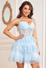 Load image into Gallery viewer, A Line Off the Shoulder Blue Corset Homecoming Dress with Lace