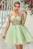 Load image into Gallery viewer, A Line Spaghetti Straps Black Short Prom Dress with Appliques