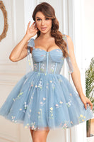 Load image into Gallery viewer, A Line Spaghetti Straps Grey Blue Short Homecoming Dress with Embroidery