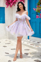 Load image into Gallery viewer, Cute A Line Lavender Off the Shoulder Corset Short Prom Dress with Ruffles