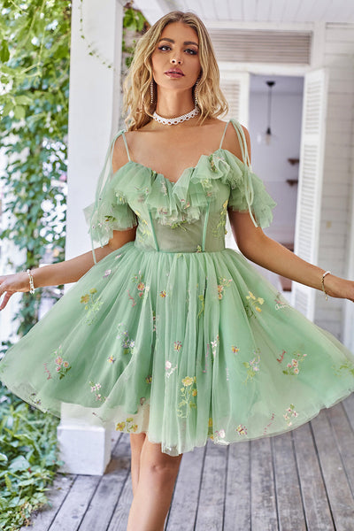 Off the Shoulder Ruffles Tulle Short Prom Dress with Embroidery