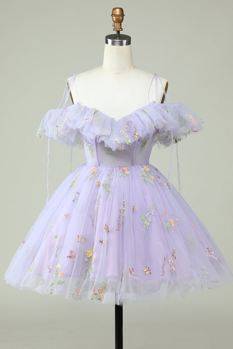 Load image into Gallery viewer, Lavender Off the Shoulder Corset Short Prom Dress with Ruffles