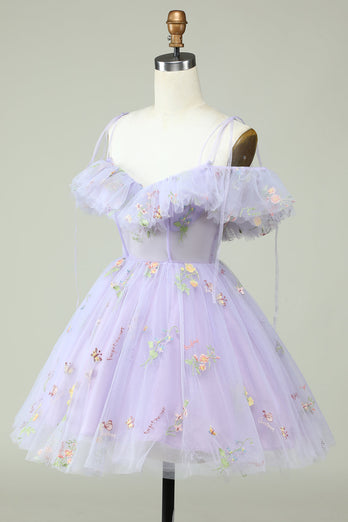 Lavender Off the Shoulder Corset Short Prom Dress with Ruffles