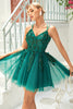 Load image into Gallery viewer, A Line Spaghetti Straps Dark Green Short Prom Dress with Appliques Beading